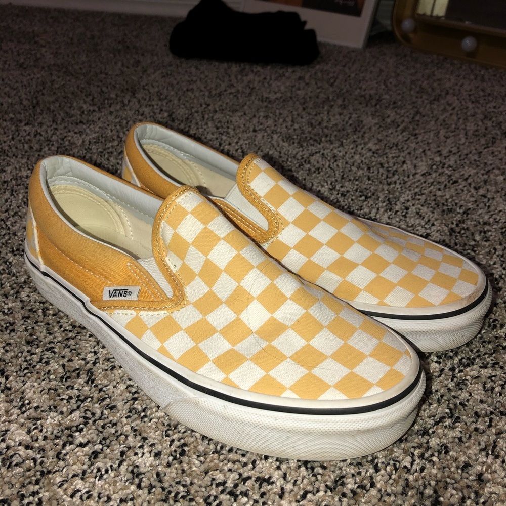 Vans Yellow and White Checkered Slip-On Shoes